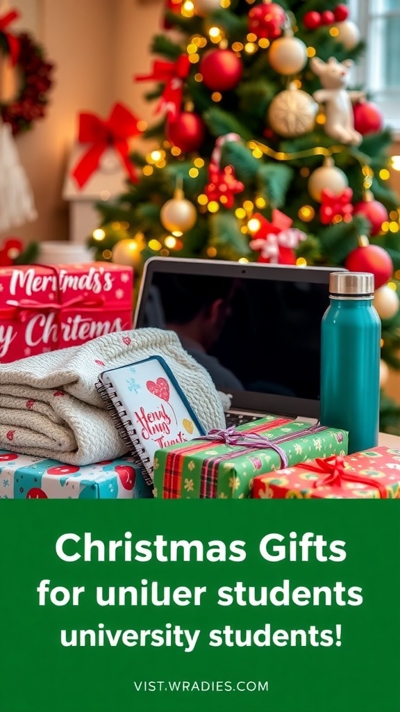 A collection of Christmas gifts for university students, including tech gadgets and cozy essentials, set against a festive backdrop.